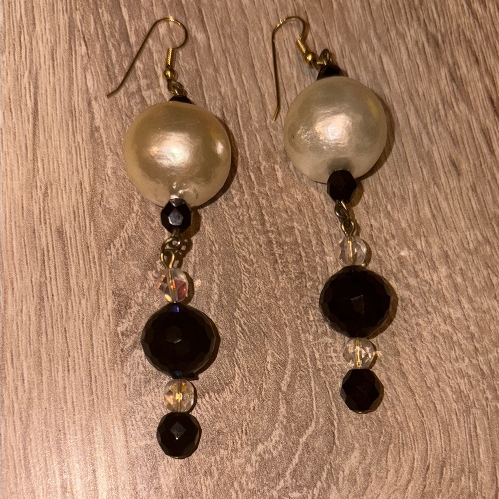 Vintage crystal and faux mother of pearl dangle, earrings, gold tone